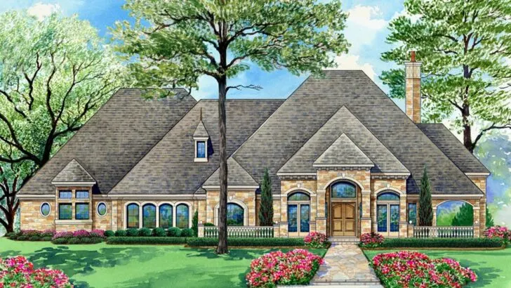 4-Bedroom 1-Story European Home Plan with a Wrap-around Porch and Game Area (Floor Plan)