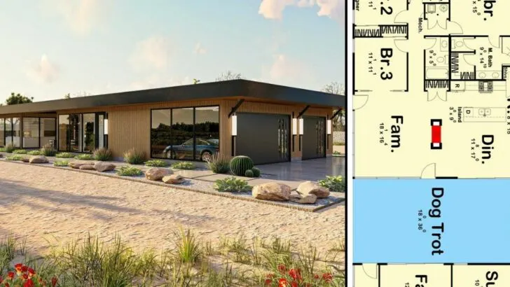 1-Story 4-Bedroom Mid-Century Modern Dogtrot House With Breezeway Fireplace (Floor Plan)