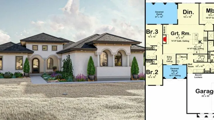 3-Bedroom 1-Story Mediterranean Home With Cathedral Ceilings and 3 Bedrooms (Floor Plan)