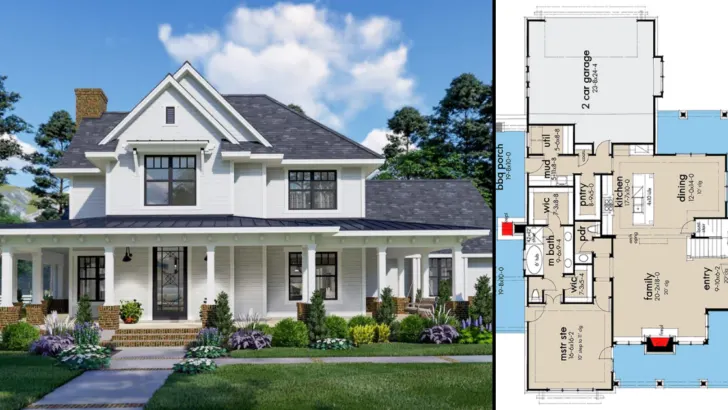 Modern-Style 3-Bedroom 2-Story Farmhouse With Two-Story Great Room (Floor Plan)