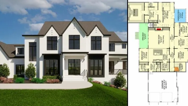 Modern Dual-Story 5-Bedroom Tudor-style House With Optionally Finished Basement (Floor Plan)