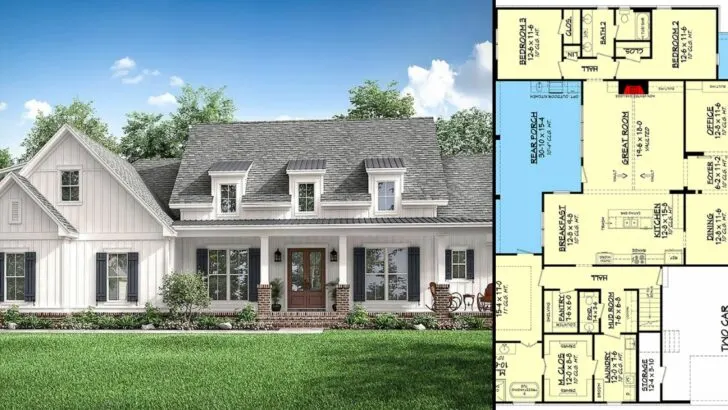 Modern-Style 4-Bedroom 2-Story Farmhouse with Three Dormers (Floor Plan)