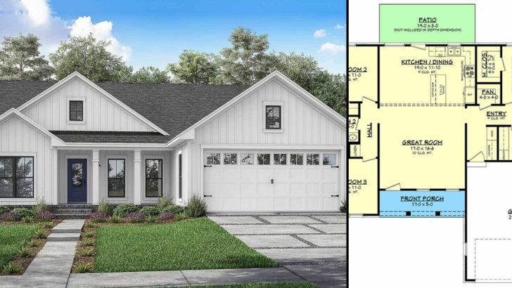 3-Bedroom 1-Story Contemporary Farmhouse With Private Master Suite (Floor Plan)