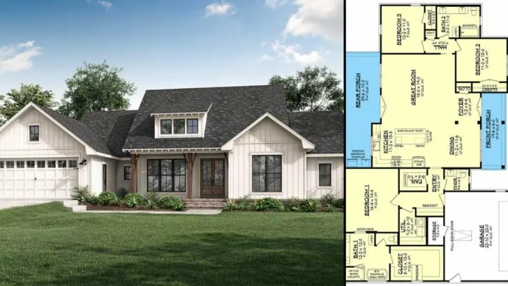 New American 3-Bedroom 1-Story Farmhouse With Shed Dormer Above Open Rafter Tail Porch (Floor Plan)