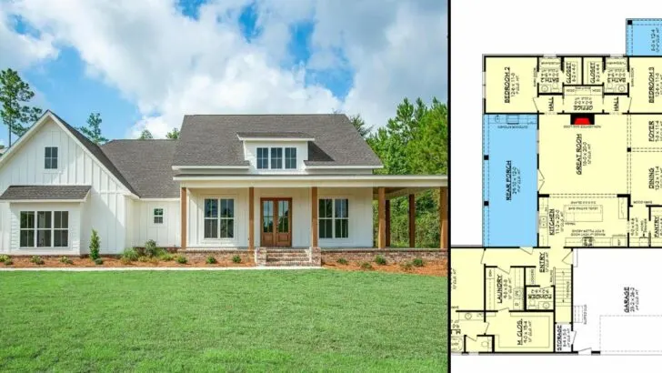 Single-Story Modern 4-Bedroom Farmhouse with L-shaped Front Porch and Master Suite Laundry (Floor Pl...