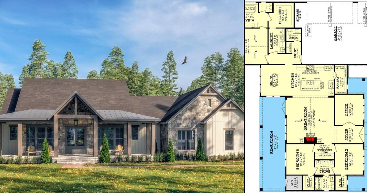 Rustic 3-Bedroom 1-Story Craftsman Home with Wrap-Around Porch (Floor Plan)