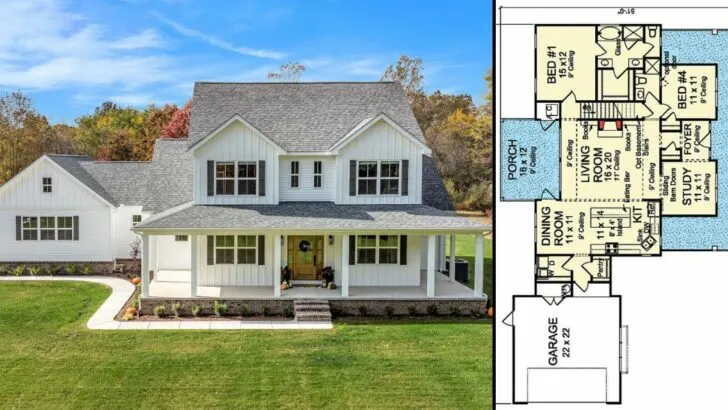 4-Bedroom 2-Story Country Farmhouse With Front Porch (Floor Plan)