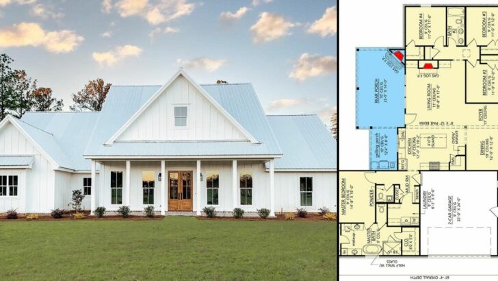 Modern 4-Bedroom 1-Story Farmhouse With Rear Grilling Porch (Floor Plan)