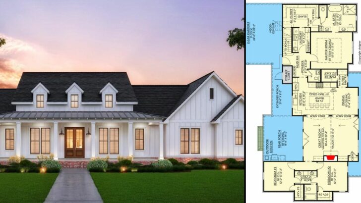 2-Story 4-Bedroom Modern Farmhouse with a Wrap-Around Front Porch (Floor Plan)
