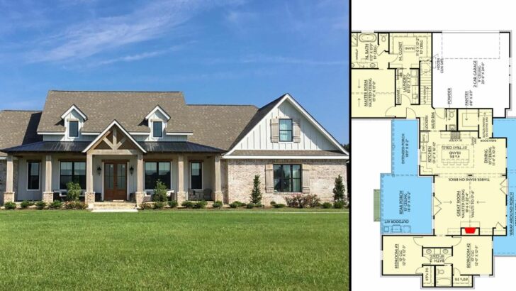 4-Bedroom Single-Story New American Farmhouse With Brick and Board and Batten Exterior (Floor Plan)