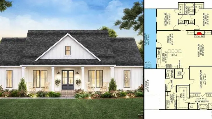 Modern 3-Bedroom 1-Story Farmhouse with Perfect Exterior Symmetry (Floor Plan)