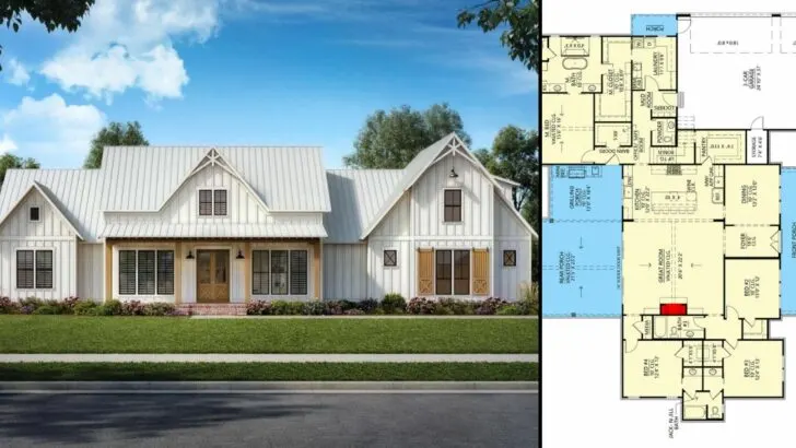 Downsized 4-Bedroom Single-Story Modern Farmhouse with Spacious Bonus Room (Floor Plan)
