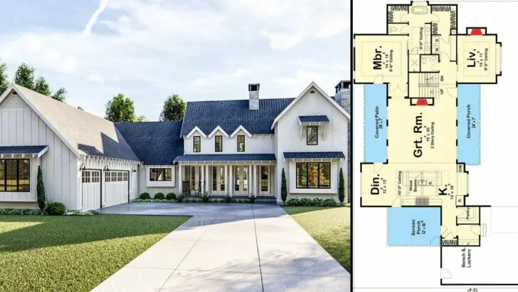 4-Bedroom 2-Story Modern Farmhouse With Triple Porches (Floor Plan)