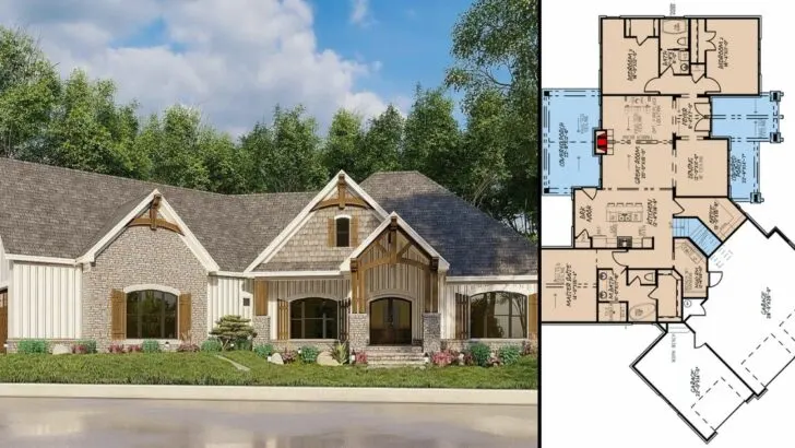 3-Bedroom 2-Story Mountain Craftsman House With Angled 3-Car Garage (Floor Plan)