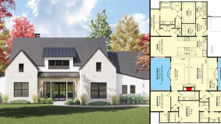 One-Story 4-Bedroom Transitional House With Central Living Space (Floor Plan)