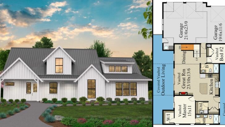 2-Story 3-Bedroom Rustic Modern Farmhouse with Outdoor Living and 3-Car Garage (Floor Plan)