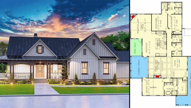 New American 3-Bedroom Single-Story Farmhouse with 2-Car Garage (Floor Plan)