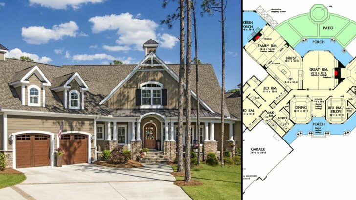 Single-Story 4-Bedroom Country Craftsman House With Large Gathering Spaces (Floor Plan)