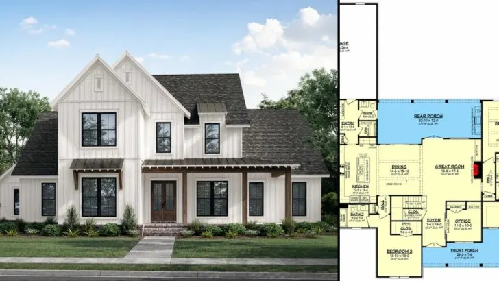 4-Bedroom Dual-Story Modern Farmhouse With Home Office and Large Rear Porch (Floor Plan)