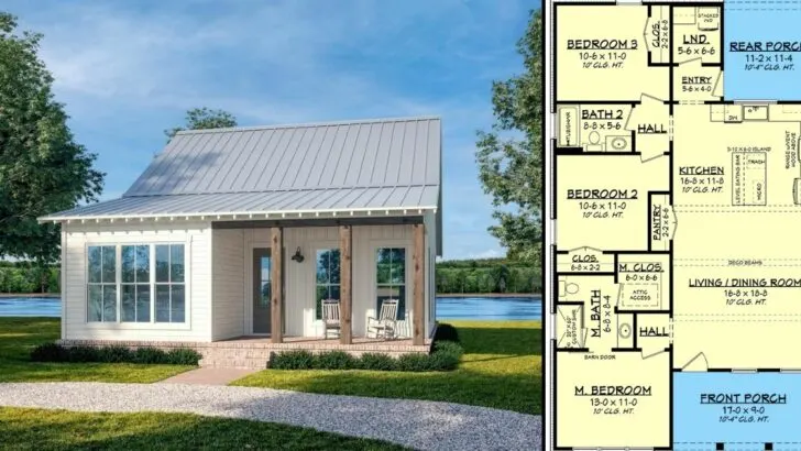 3-Bedroom 1-Story Batten Cottage With Dual Porch (Floor Plan)