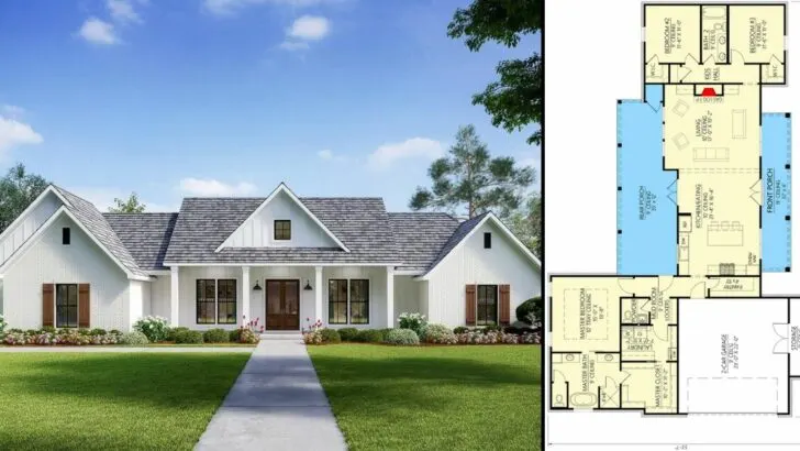 1-Story 3-Bedroom Modern Farmhouse with Split Beds and Ample Outdoor Living Space (Floor Plan)
