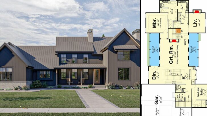 5-Bedroom 2-Story Modern Farmhouse with In-Law Suite and 2-Car Side Garage (Floor Plan)