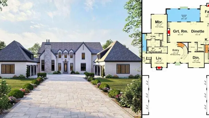 Transitional 5-Bedroom 2-Story Home with Courtyard Parking for 6 Cars (Floor Plan)
