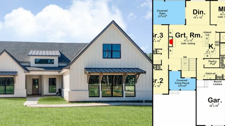 1-Story 3-Bedroom Modern Farmhouse with Cozy Front Porch (Floor Plan)