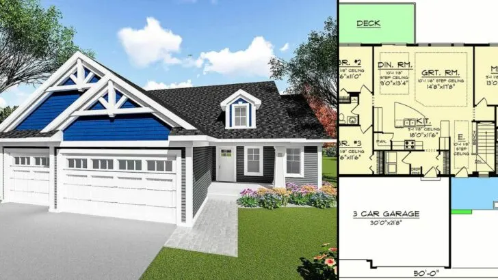 3-Bedroom 1-Story Craftsman Ranch House with Open-Concept Design (Floor Plan)