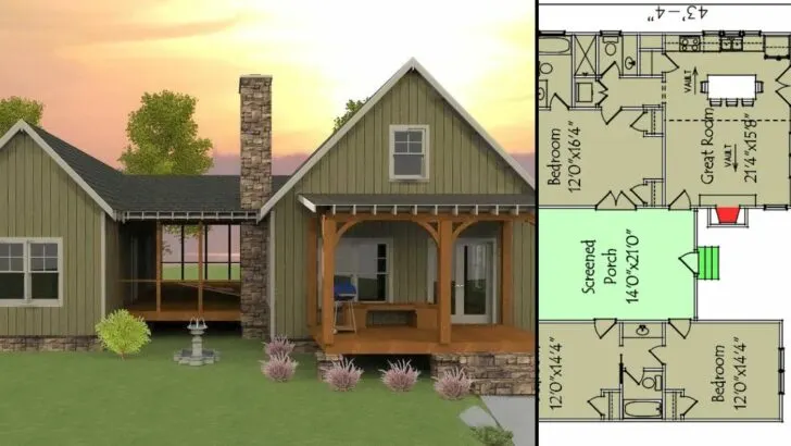 Dogtrot 3-Bedroom 2-Story House With Screened Porch (Floor Plan)
