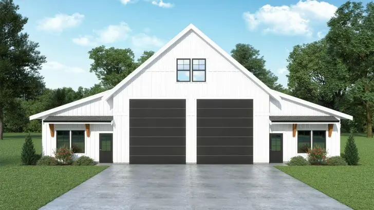 Symmetrical 2-Bedroom 1-Story Country Farmhouse with Oversized Garage (Floor Plan)
