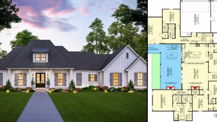 4-Bedroom Single-Story New Acadian House With Brick and Board and Batten Exterior (Floor Plan)