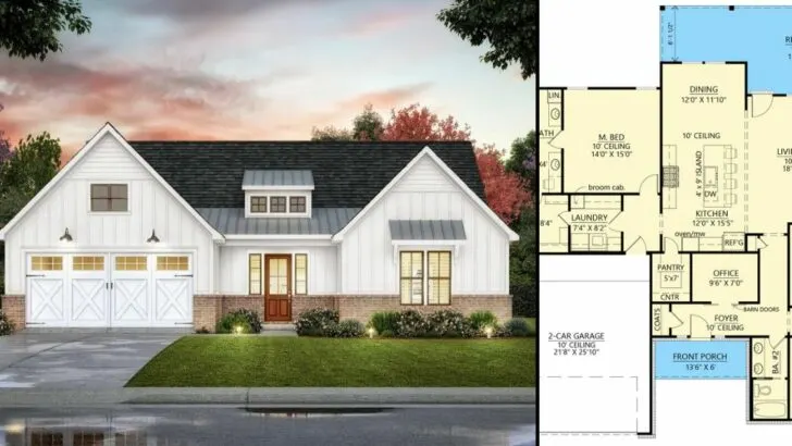 Modern 3-Bedroom 1-Story Farmhouse With Homely Office Space (Floor Plan)