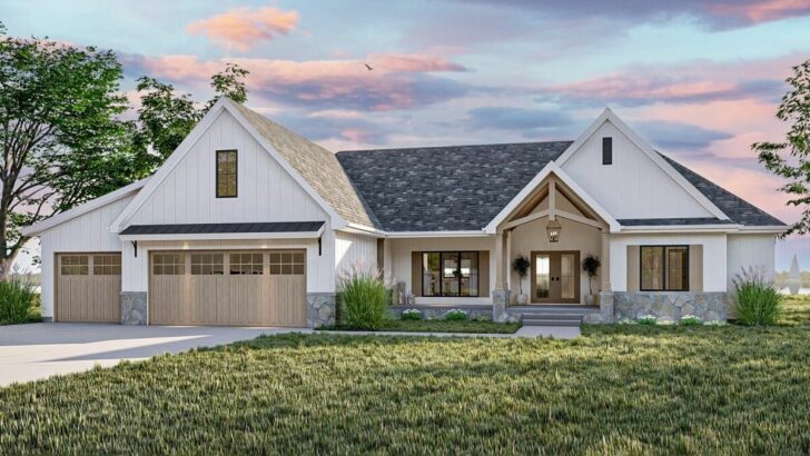3-Bedroom One-Story Modern Farmhouse with Home Office and Large Rear Porch (Floor Plan)
