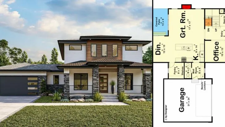 2-Story 3-Bedroom Modern Prairie House With Home Office and Upstairs Laundry (Floor Plan)