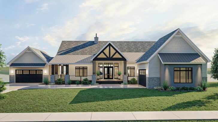 1-Story 3-Bedroom New American Lake House with Full Wraparound Deck and Split Garages (Floor Plan)