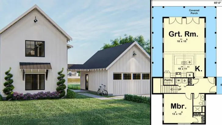 2-Story 2-Bedroom Modern Farmhouse with Semi-Detached Garage (Floor Plan)