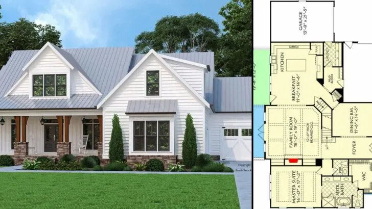 Compact 2-Story 4-Bedroom Modern Farmhouse With Front Porch and Bonus Room (Floor Plan)