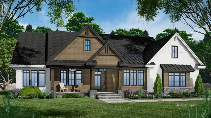 Single-Story 4-Bedroom Transitional Farmhouse with Private Master Suite Porch (Floor Plan)