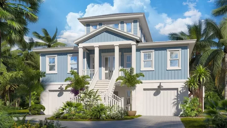 Dual-Story 3-Bedroom Island Style Coastal Contemporary House with Upstairs Master Suite (Floor Plan)