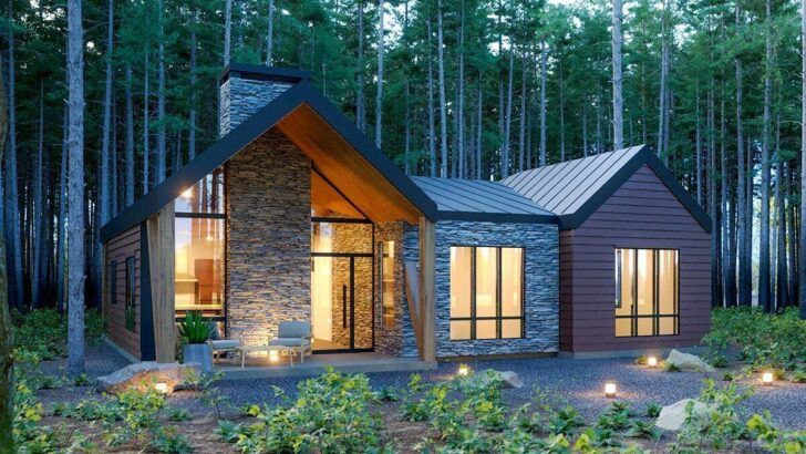 3-Bedroom One-Story Modern Mountain House with Stacked Stone Fireplace (Floor Plan)