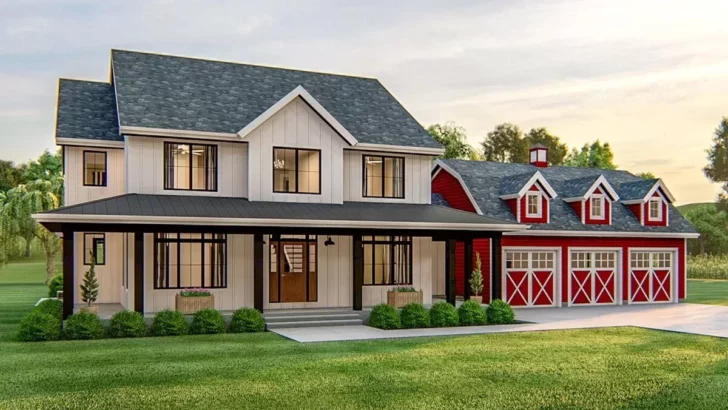 Barn Style 2-Story 4-Bedroom Modern Farmhouse with Front-Loading Barn-Style Garage (Floor Plan)