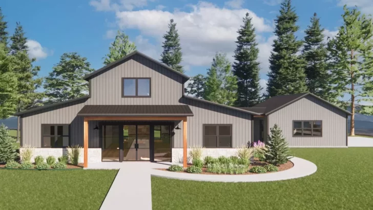3-Bedroom 1-Story Barndo Style House with 2-Side Fireplace in the Vaulted Interior (Floor Plan)