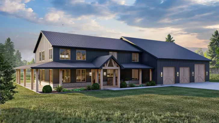 Barndominium Style 4-Bedroom 2-Story Farmhouse with Home Office and Oversized RV Garage (Floor Plan)