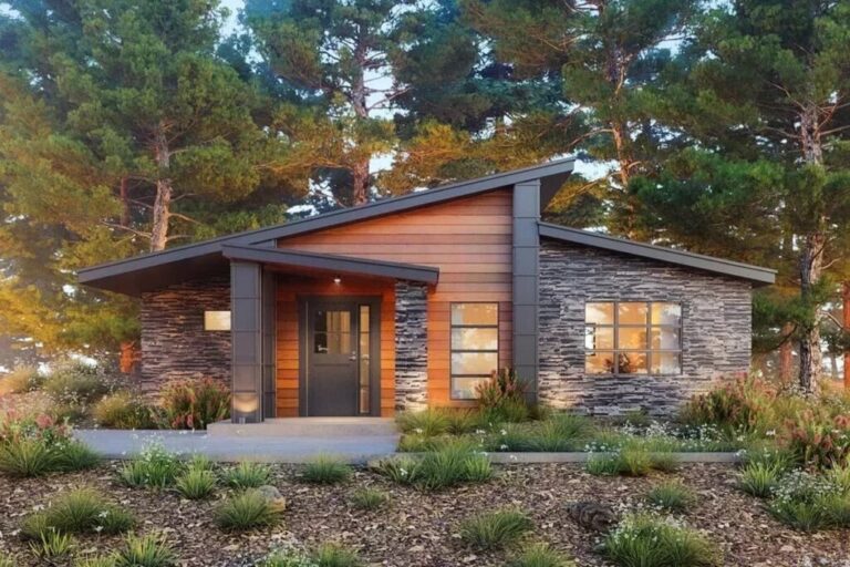 2-Bedroom 1-Story Modern Contemporary Home with Stone and Wood Exterior (Floor Plan)