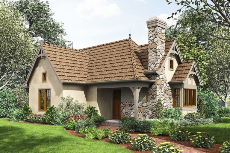 Tiny 2-Bedroom 1-Story Storybook Cottage House with Cozy Fireplace (Floor Plan)