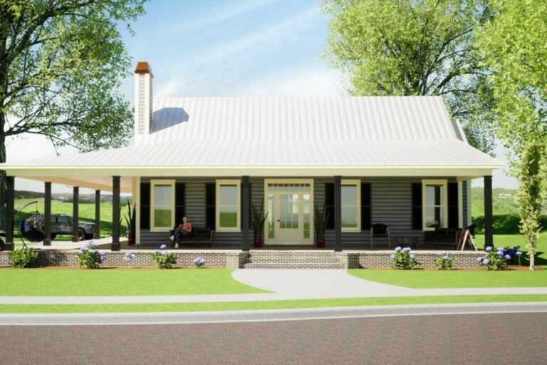3-Bedroom One-Story Storybook Country Style House with L-Shaped Wraparound Porch (Floor Plan)