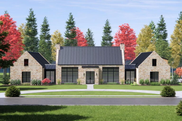 One-Story 4-Bedroom Contemporary Farmhouse with Rear-Wrapping Porch (Floor Plan)