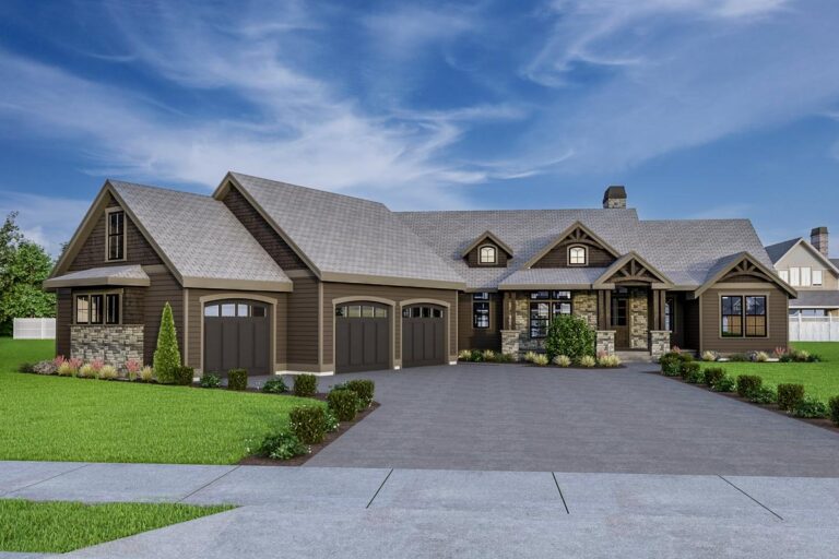 3-Bedroom 1-Story Modern Farmhouse With Bonus Room and Courtyard Garage (Floor Plan)