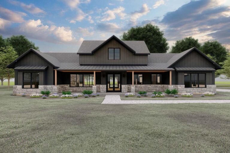 4-Bedroom 1-Story Modern Farmhouse With Side-Entry Garage and Dual Porches (Floor Plan)